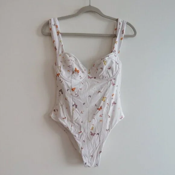 WEWOREWHAT Vintage Danielle One Piece Swimsuit White Butterfly Print - Size M - Picture 2 of 15